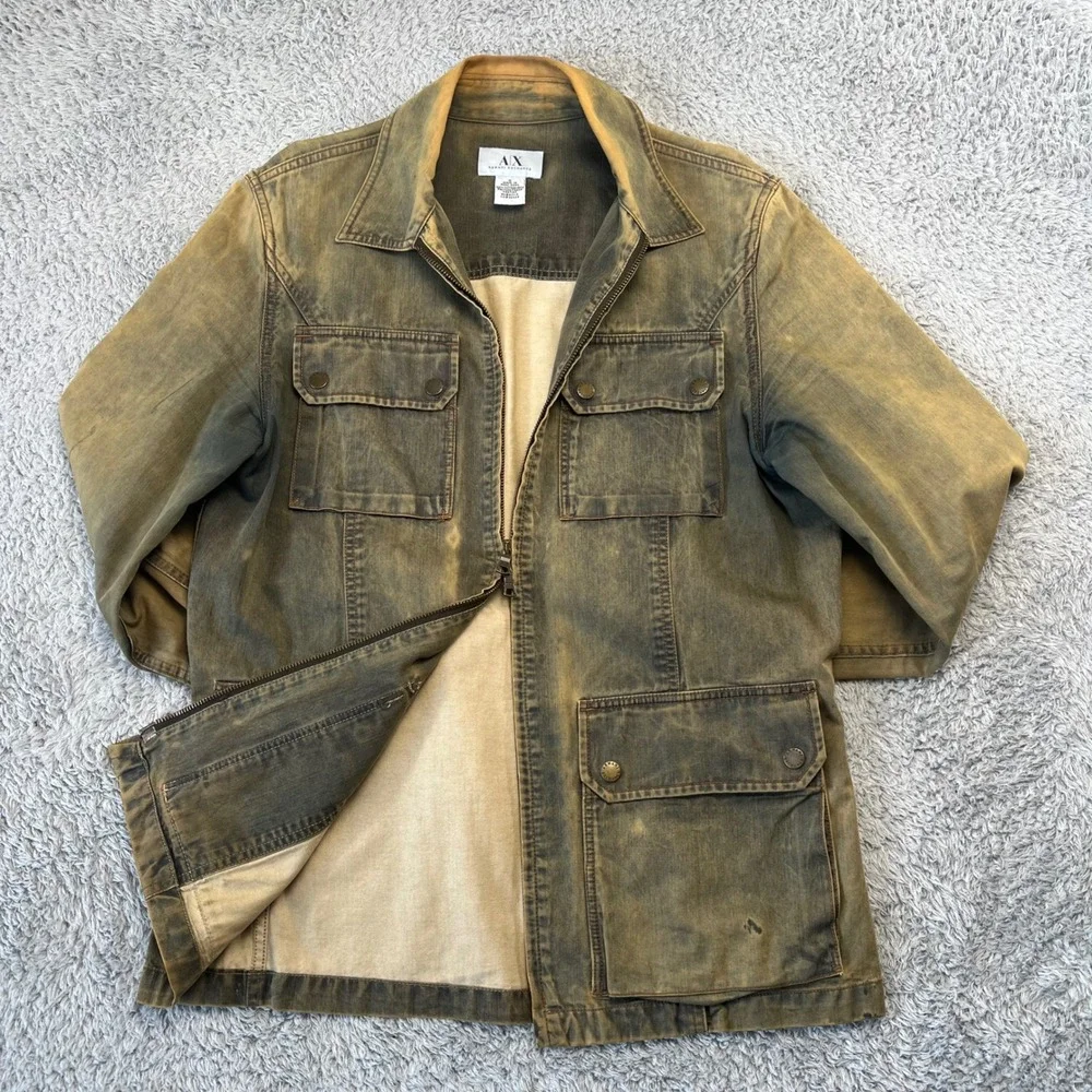 Armani Exchange Mens S Coated Cotton Field‎ Jacket Distressed Olive Patina Faded